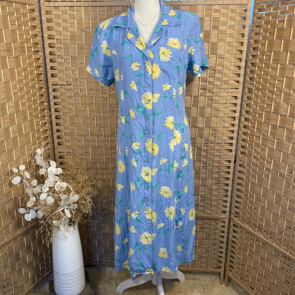 Blue Floral Button-Front Midi Dress